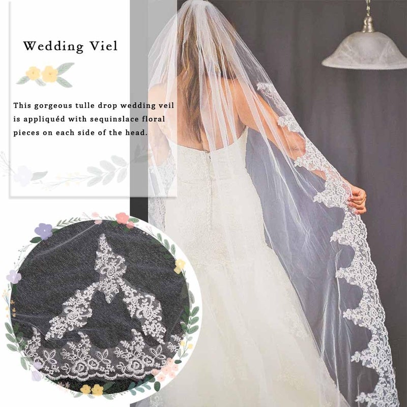 Yalice Catherdal Wedding Veils for Brides Long Bridal Veil 1 Tier Veils Floral Lace Soft Tulle Veils with Comb 118'' (Ivory) - Image 3